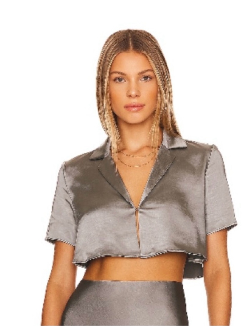 REVOLVE Satin Cropped Short-Sleeve Shirt in Silver